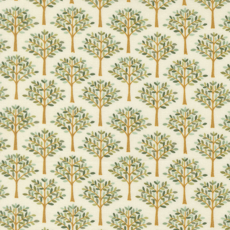 Cream fabric swatch with rows of golden brown trees full of leaves in many shades of green.