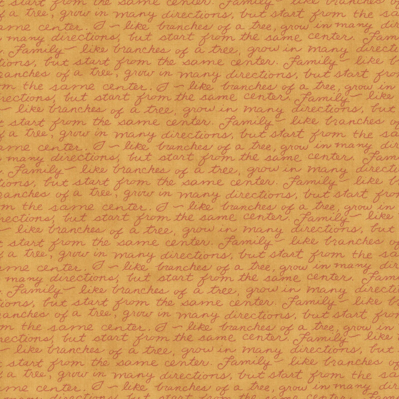 Golden orange fabric swatch with rows of tonal script of phrases about family.