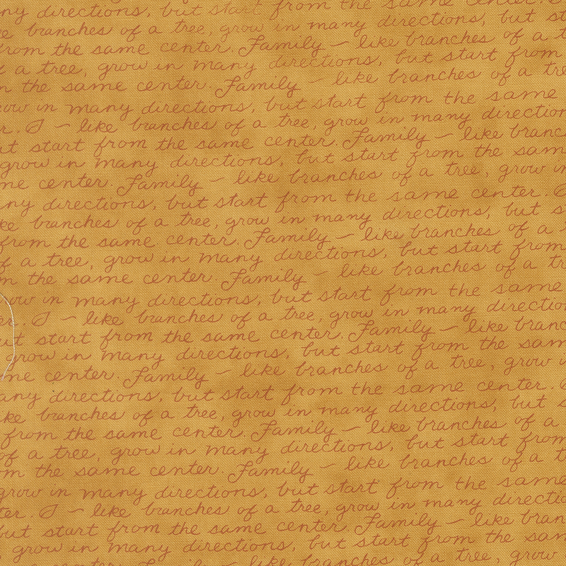 Golden orange fabric swatch with rows of tonal script of phrases about family.