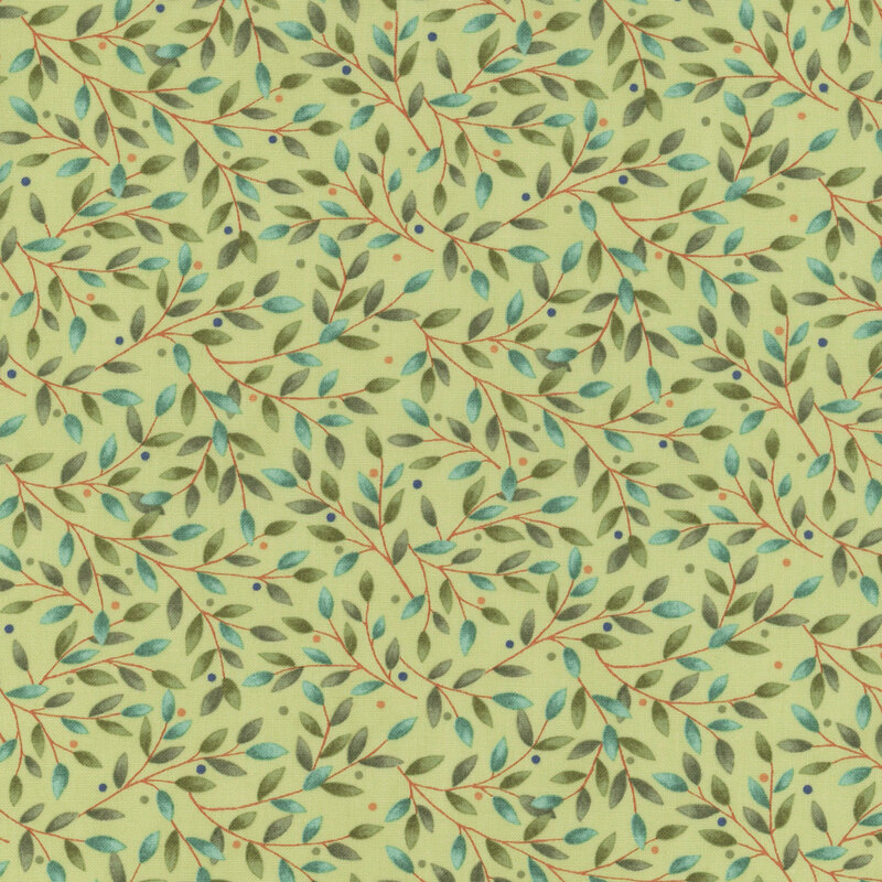 Eucalyptus green fabric swatch with a dense pattern of leafy green branches and blue and orange dots.