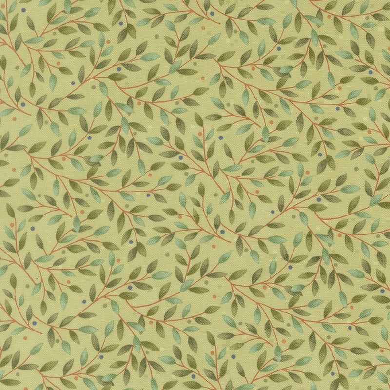 Eucalyptus green fabric swatch with a dense pattern of leafy green branches and blue and orange dots.