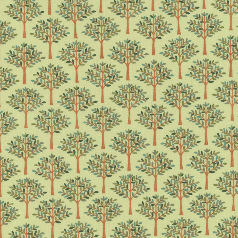 Eucalyptus green fabric swatch with rows of golden brown trees full of leaves in many shades of green.