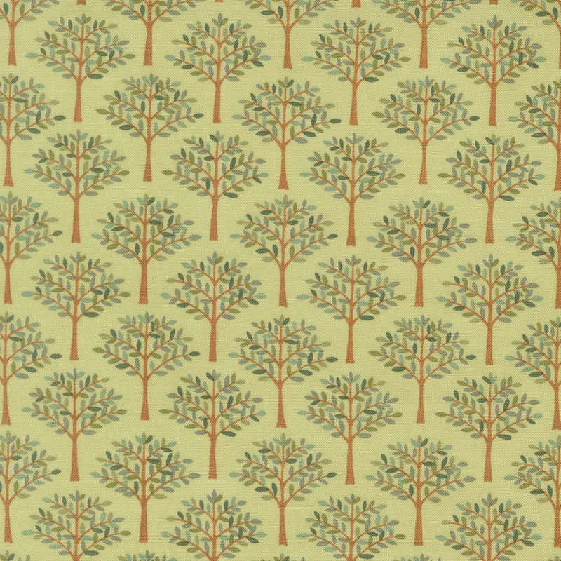 Eucalyptus green fabric swatch with rows of golden brown trees full of leaves in many shades of green.