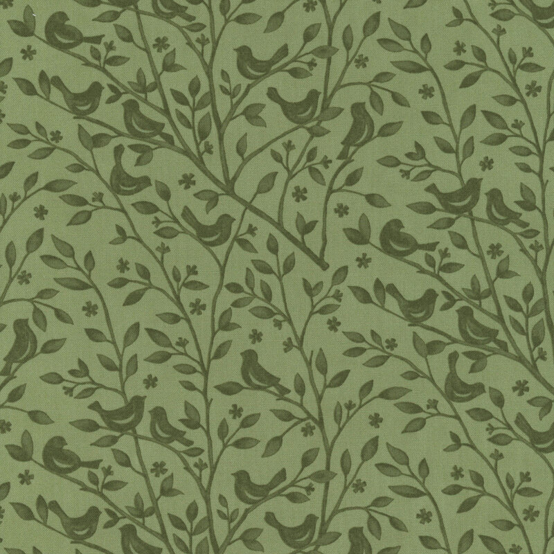 Dark sage fabric swatch with a tonal  pattern of leafy branches with birds perched atop them.