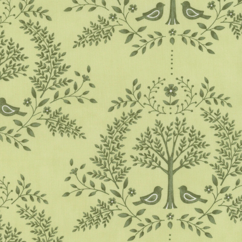 Eucalyptus green fabric with a tonal damask design featuring birds, trees, and leaves.
