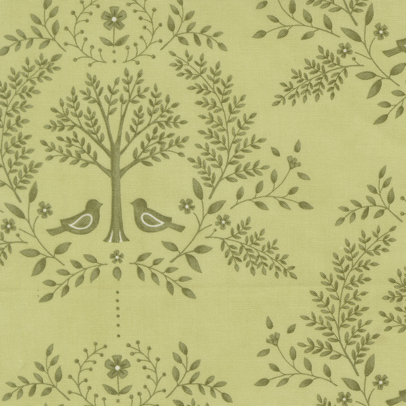 Eucalyptus green fabric with a tonal damask design featuring birds, trees, and leaves.