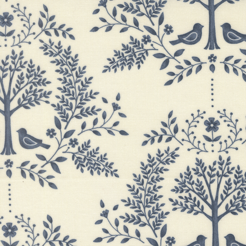 Cream fabric with a navy blue damask design featuring birds, trees, and leaves.