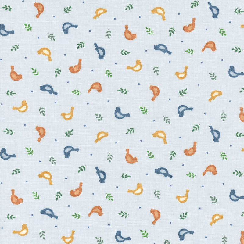 Powder blue fabric swatch with tossed sprigs, dots, and birds in orange, yellow, and blue.