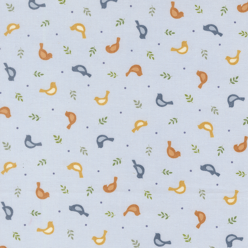 Powder blue fabric swatch with tossed sprigs, dots, and birds in orange, yellow, and blue.