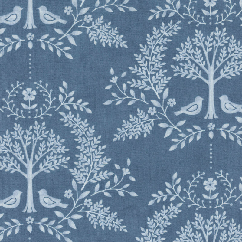 Cadet blue fabric with a tonal light blue damask design featuring birds, trees, and leaves.