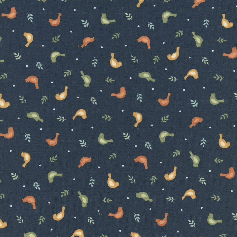 Navy blue fabric swatch with tossed sprigs, dots, and birds in orange, yellow, and green.