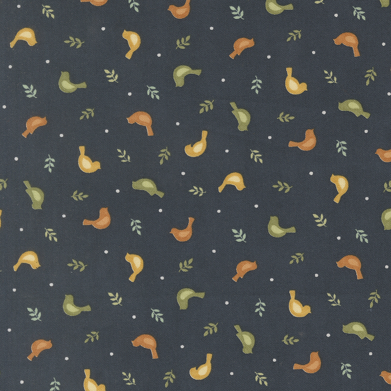 Navy blue fabric swatch with tossed sprigs, dots, and birds in orange, yellow, and green.