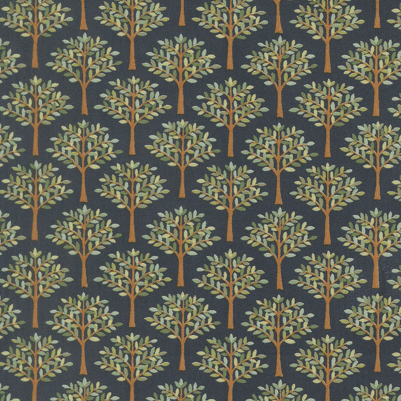 Navy blue fabric swatch with rows of golden brown trees full of leaves in many shades of green.