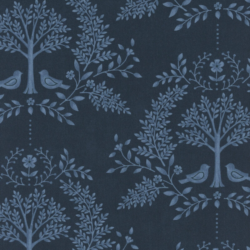 Navy blue fabric with a tonal denim blue damask design featuring birds, trees, and leaves.