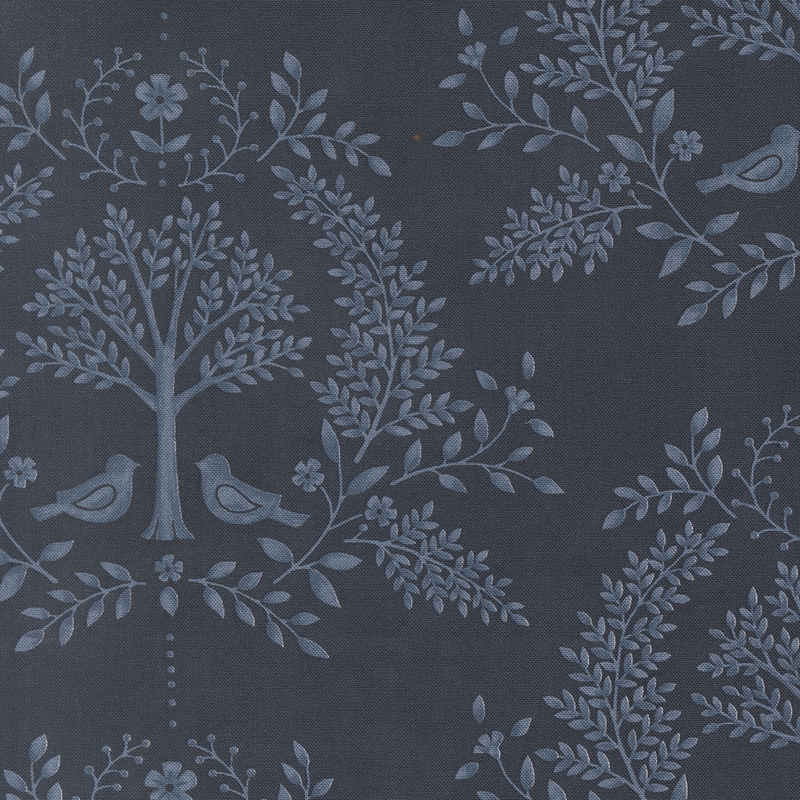 Navy blue fabric with a tonal denim blue damask design featuring birds, trees, and leaves.
