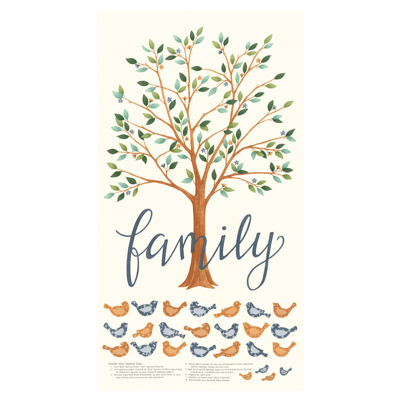 A cream panel featuring a brown tree with green leaves on each of the thin branches, with the word 