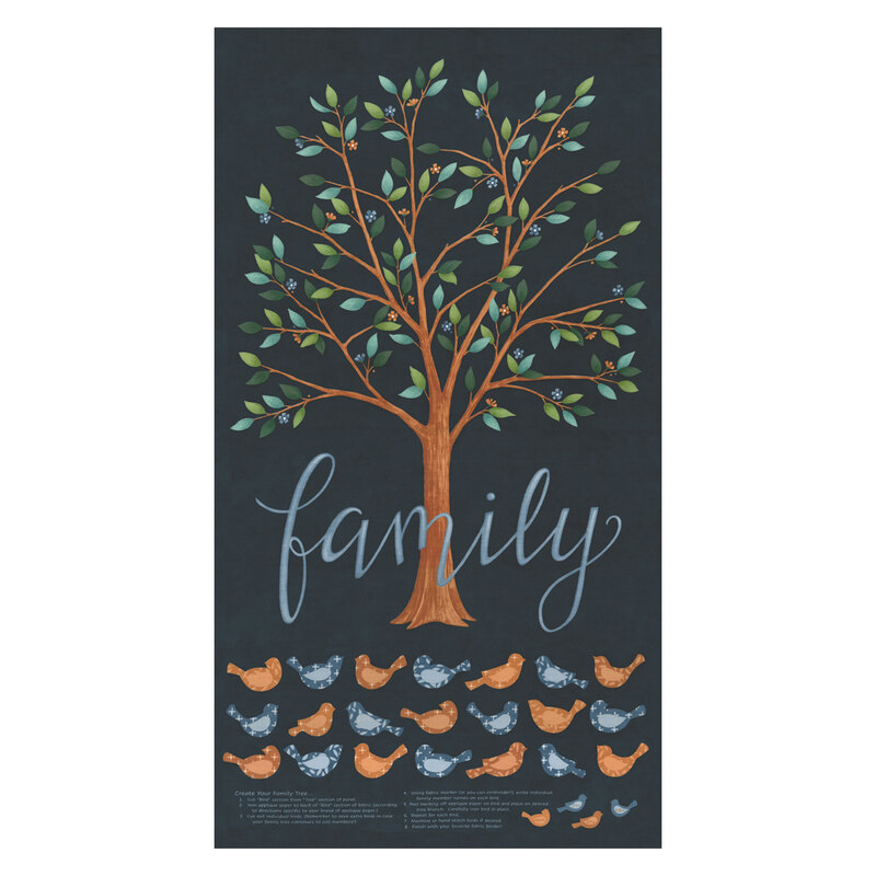 A navy blue panel featuring a brown tree with green leaves on each of the thin branches, with the word 