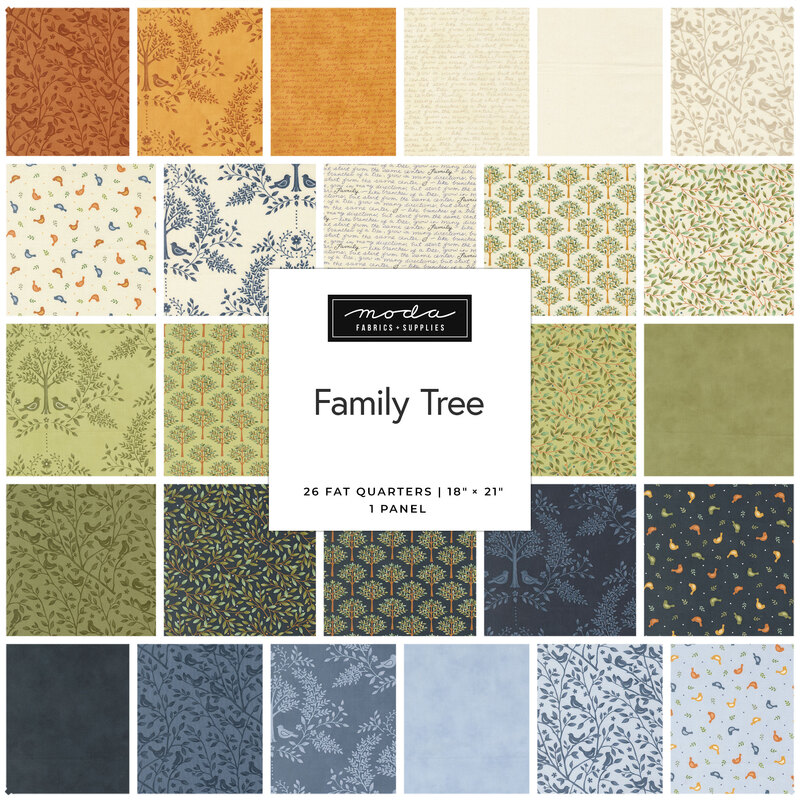 A collage of the fabrics featured throughout the Family Tree collection from Moda, an assortment of orange, cream, green, navy, and blue prints.