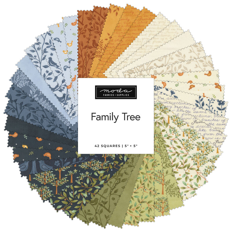 A round, fanned out collage of the fabrics featured throughout the Family Tree collection from Moda, an assortment of orange, cream, green, navy, and blue prints.