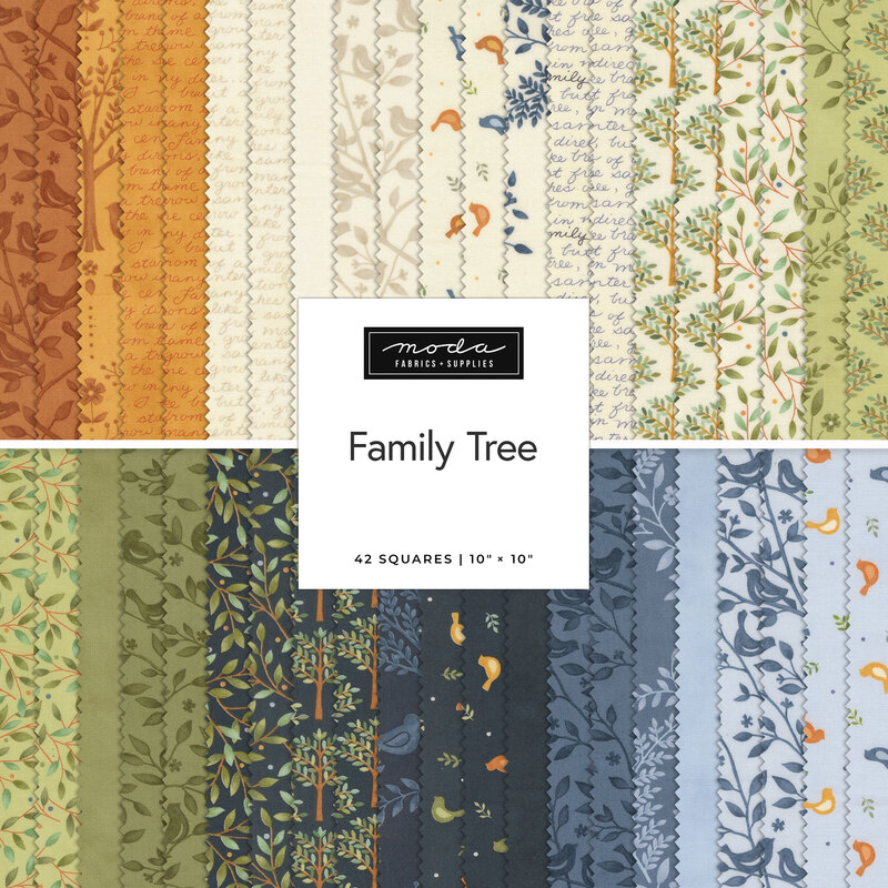 A collage of the fabrics featured throughout the Family Tree collection from Moda, an assortment of orange, cream, green, navy, and blue prints.