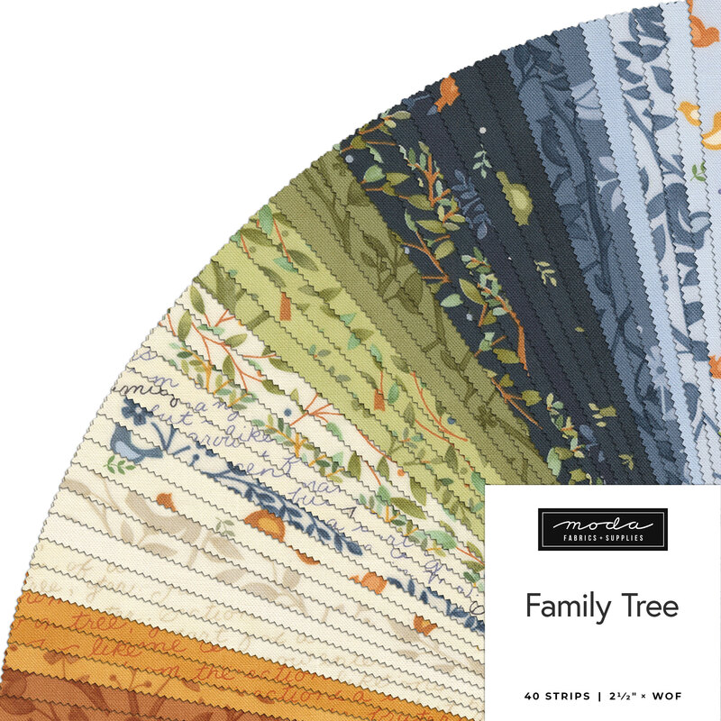 A fanned out collage of the fabrics featured throughout the Family Tree collection from Moda, an assortment of orange, cream, green, navy, and blue prints.