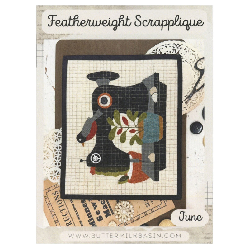 Front of the pattern showing the completed project, a sewing machine with potted plants and robin.