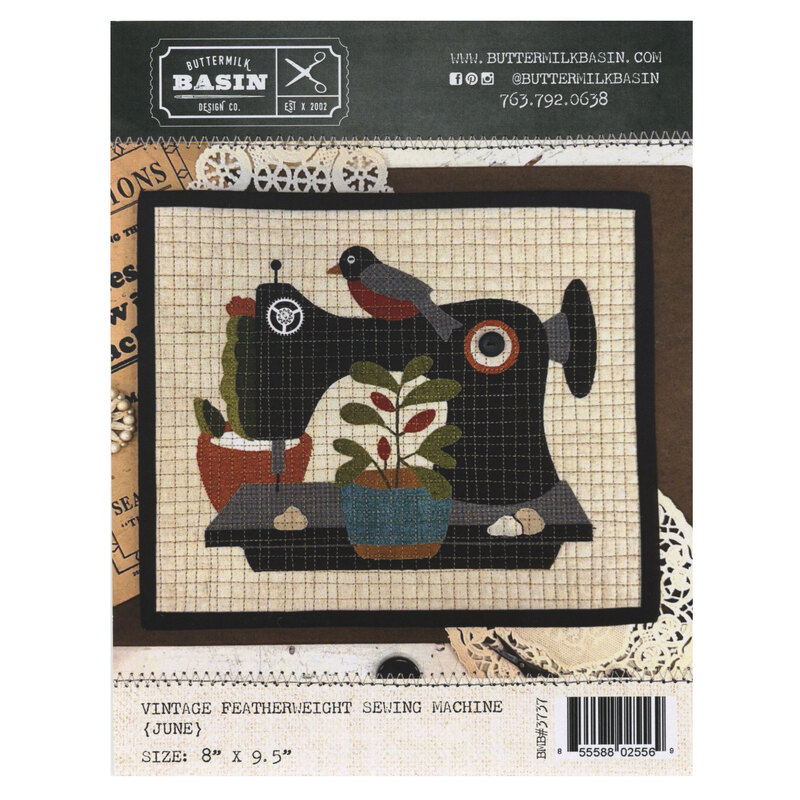 Front of the pattern showing the completed project, a sewing machine with potted plants and robin.