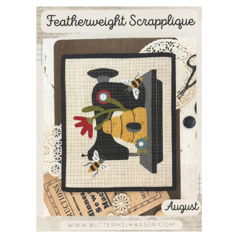 Front of the pattern showing the completed project, a sewing machine with beehive and bees.
