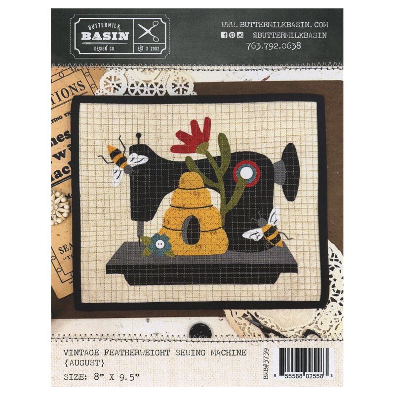 Front of the pattern showing the completed project, a sewing machine with beehive and bees.