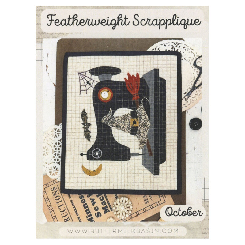 Front of the pattern showing the completed project, a sewing machine with a Halloween motif.