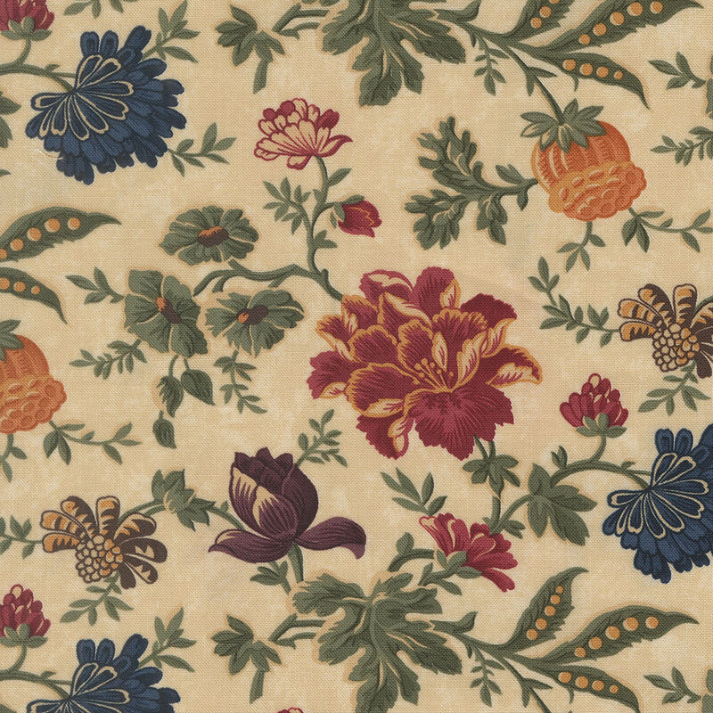 A mottled tan fabric featuring muted jacobean florals and greenery. 
