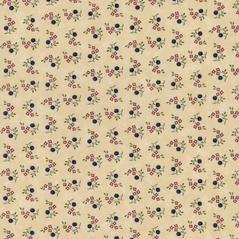 A mottled tan fabric with tossed red floral clusters, blue puffs, and greenery.   