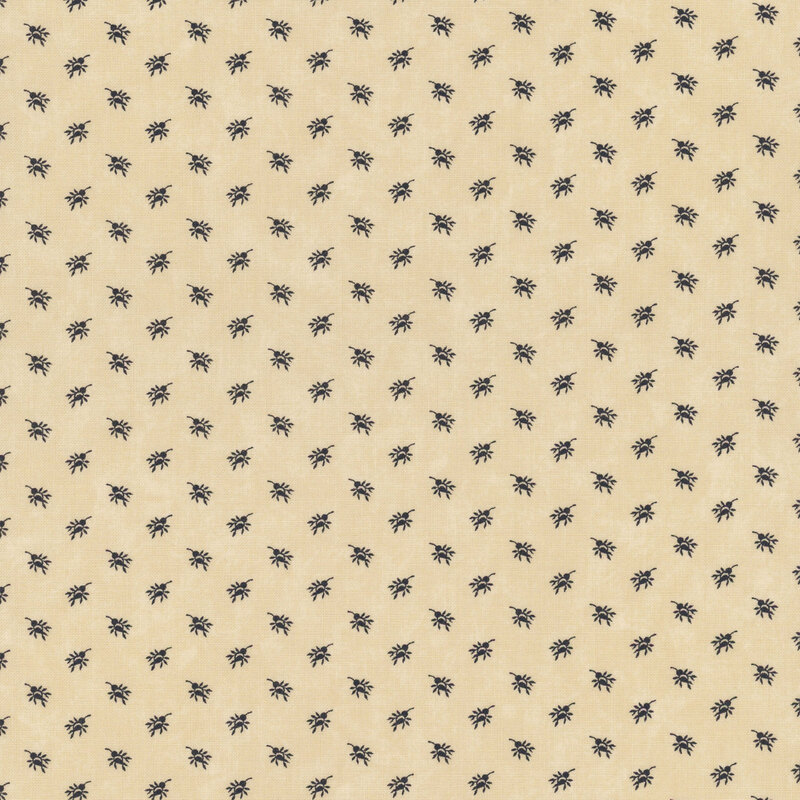 A mottled tan fabric with black rosebud sprays. 
