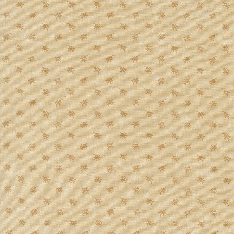 A mottled tan fabric with tonal rosebud sprays. 