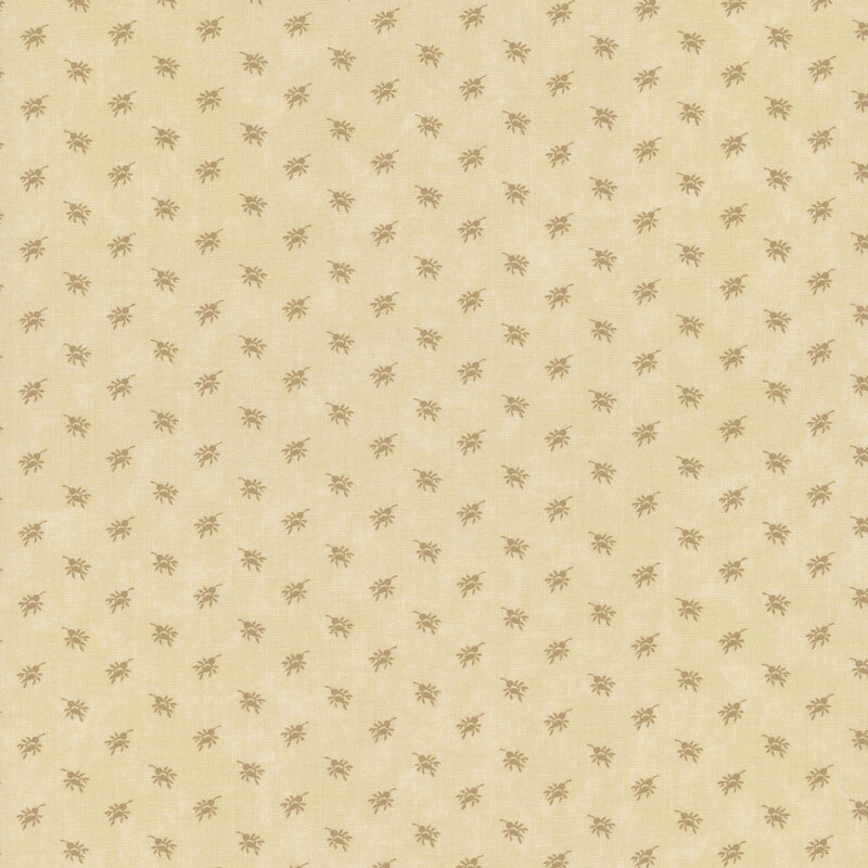 A mottled tan fabric with tonal rosebud sprays. 