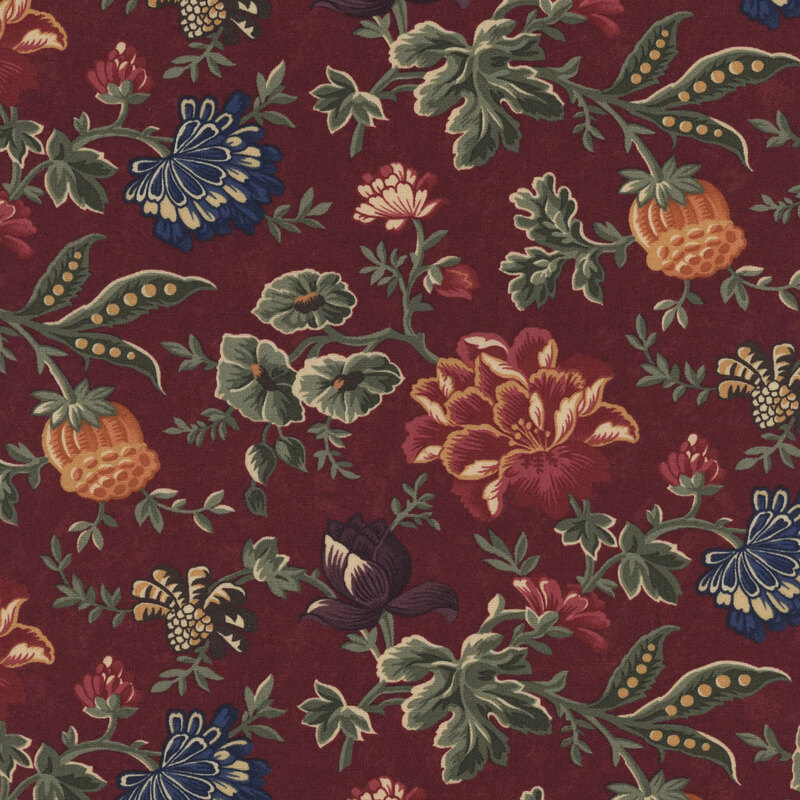 A mottled brick red fabric featuring muted jacobean florals and greenery. 