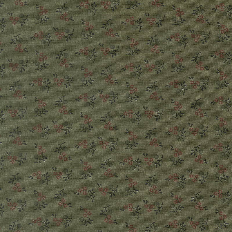 A mottled grass green fabric with tossed orange floral clusters, puffs, and greenery.