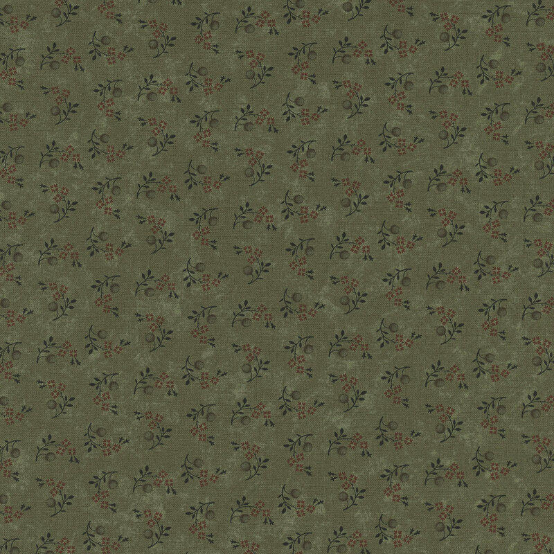 A mottled grass green fabric with tossed orange floral clusters, puffs, and greenery.