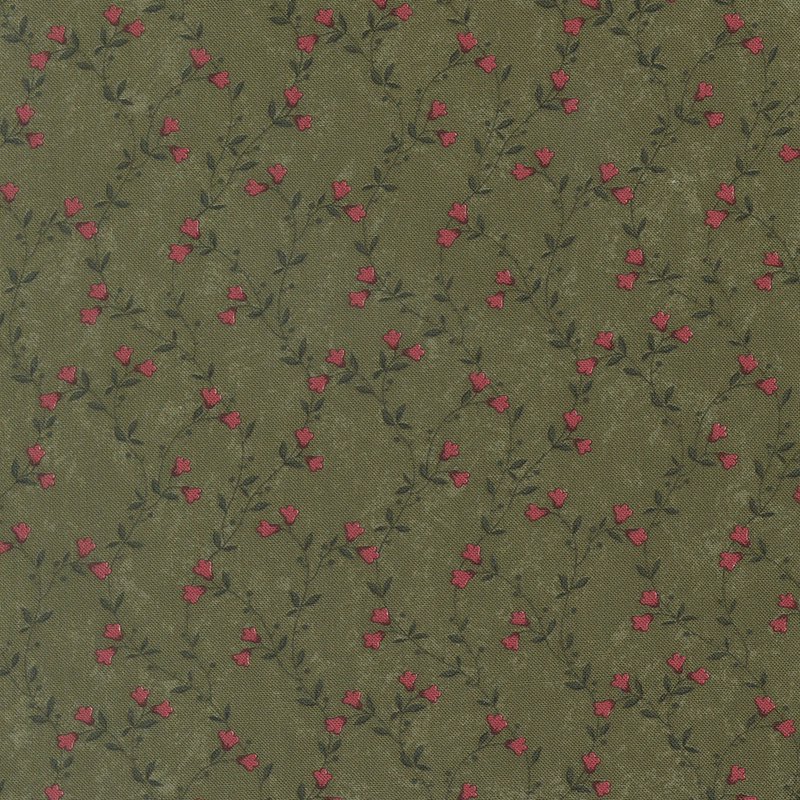 A mottled grass green fabric featuring delicate green vines with red flowers. 