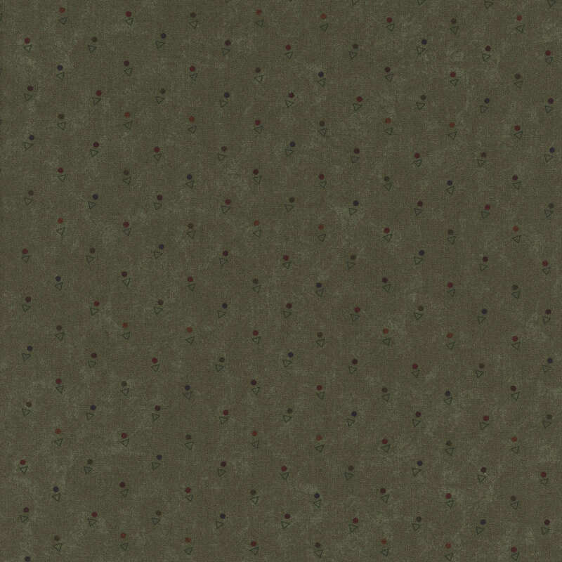 A mottled grass green fabric with triangles and multicolored dots. 