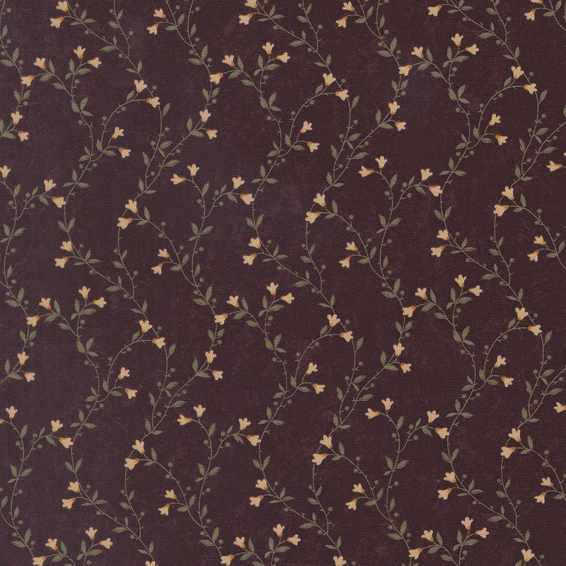 A mottled mulberry purple fabric featuring delicate green vines with cream flowers. 