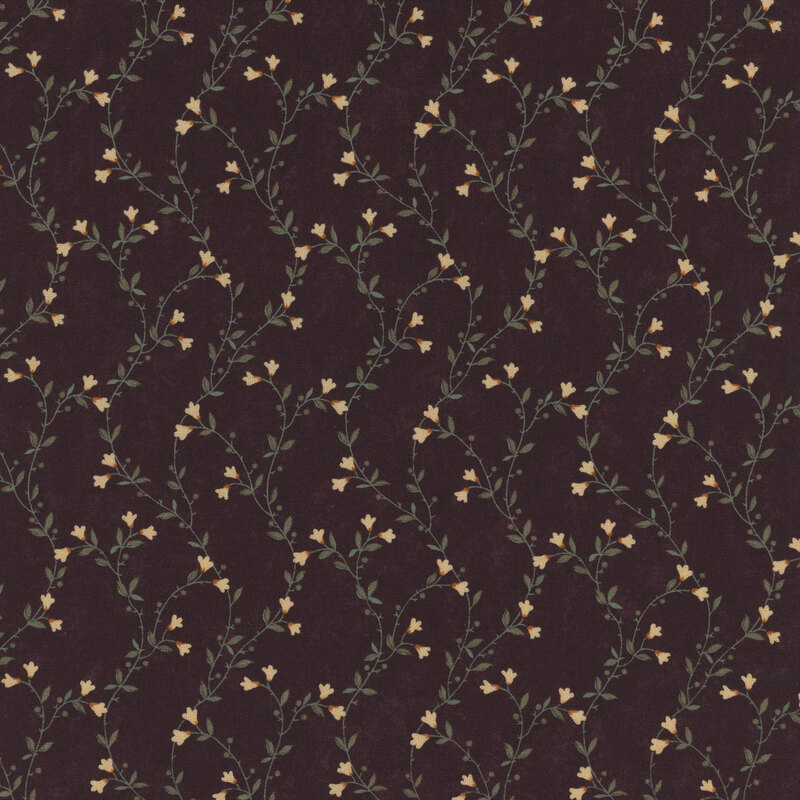 A mottled mulberry purple fabric featuring delicate green vines with cream flowers. 