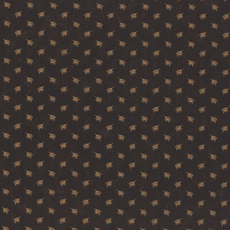 A mottled earthy brown fabric with orange rosebud sprays. 