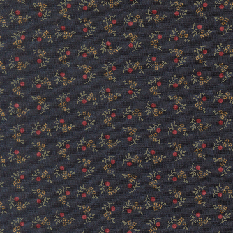 A mottled indigo blue fabric with tossed orange floral clusters, red puffs, and greenery.