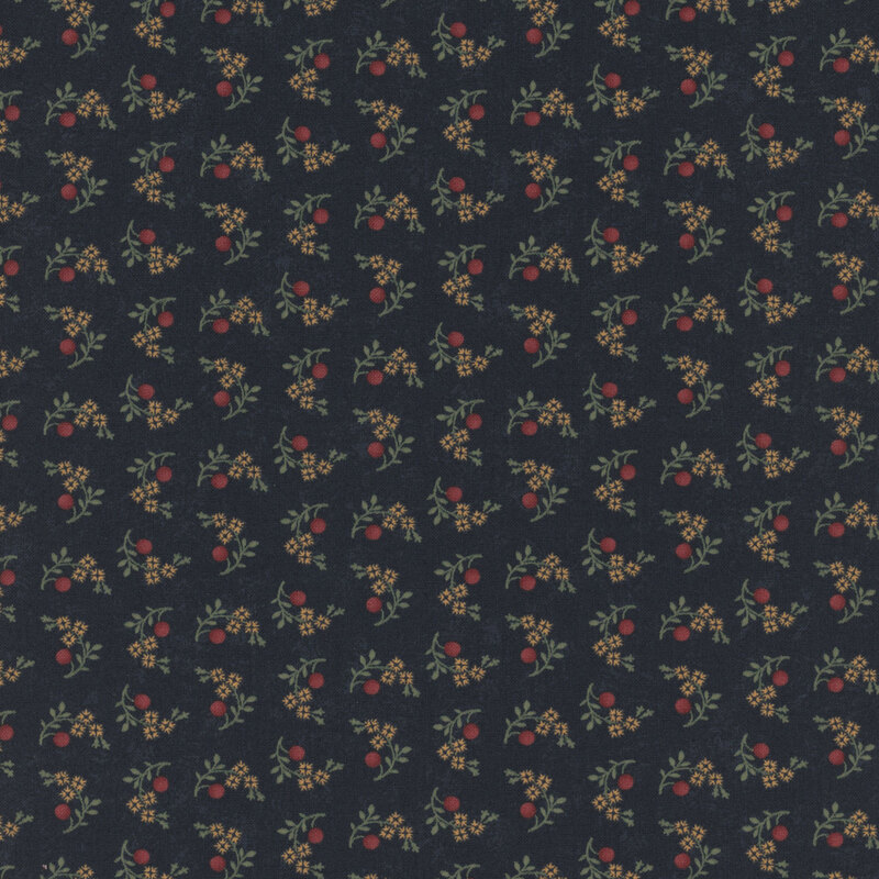 A mottled indigo blue fabric with tossed orange floral clusters, red puffs, and greenery.