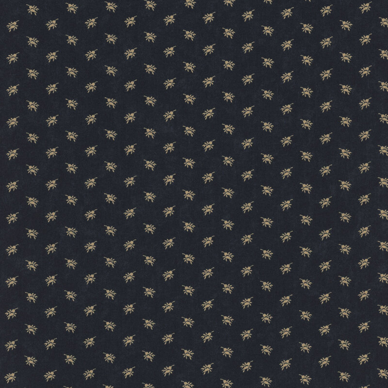 A mottled indigo blue fabric with cream rosebud sprays. 