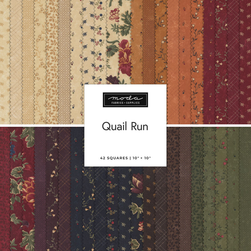 A layer cake fabric collage featuring antique florals in muted orange, green, red, blue and cream colors from the collection Quail Run.  