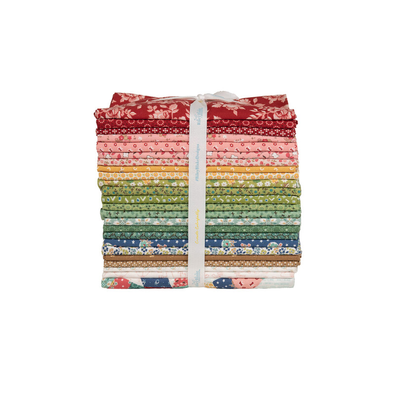 The 24 one-yard set of Home Town Holiday fabrics by Lori Holt for Riley Blake Designs, isolated on a white background.
