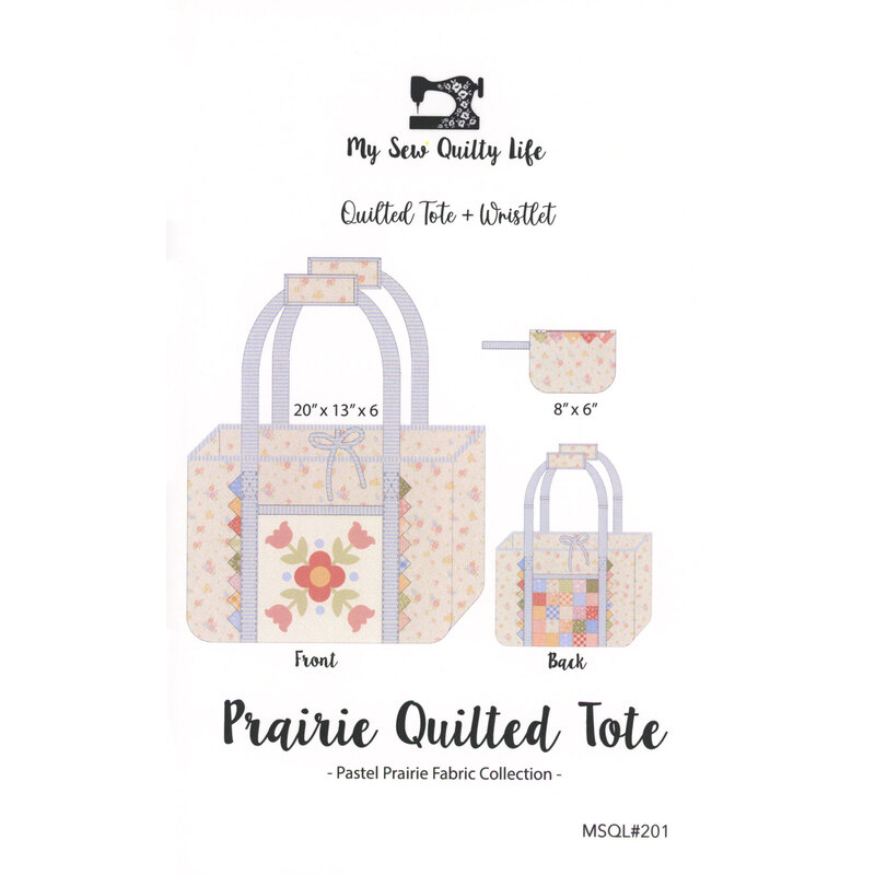 Illustration of a Prairie Quilted Tote, featuring dimensions and front and back designs with floral patterns.