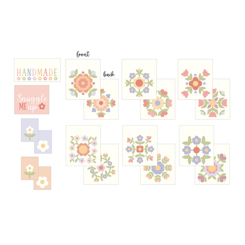 A digital image of woven quilt labels with floral designs from the Pastel Prairie collection.